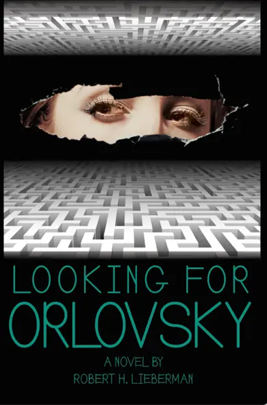 Looking for Orlovsky cover — a woman's eyes peering through a torn gap between two mazes