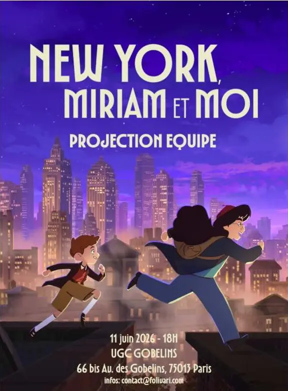 New York, Miriam et Moi poster — two animated children running across New York rooftops at dusk