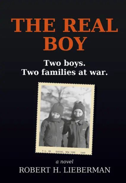 The Real Boy cover — a 1949 snapshot of two young boys in winter coats, stamped P.S. 99, Queens, New York